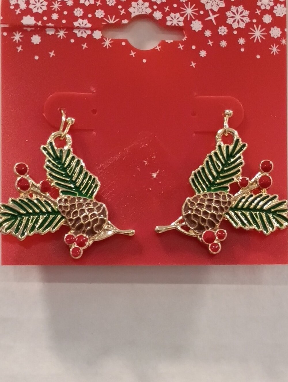 Kohl's Gold-Tone Pinecone Drop Earrings with Green Leaves and Red Berries